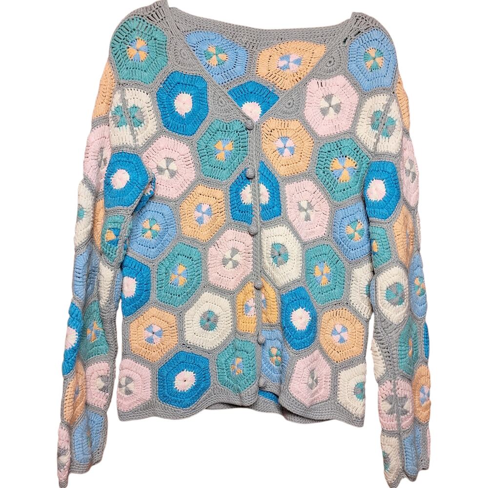 Vintage retro granny handmade crochet knit cardigan sweater rainbow pastel